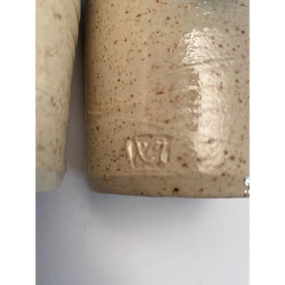 Hand Thrown Art Pottery Stoneware Tumblers Set signed RM Blue Leaf Textured Pair - Picture 2 of 9